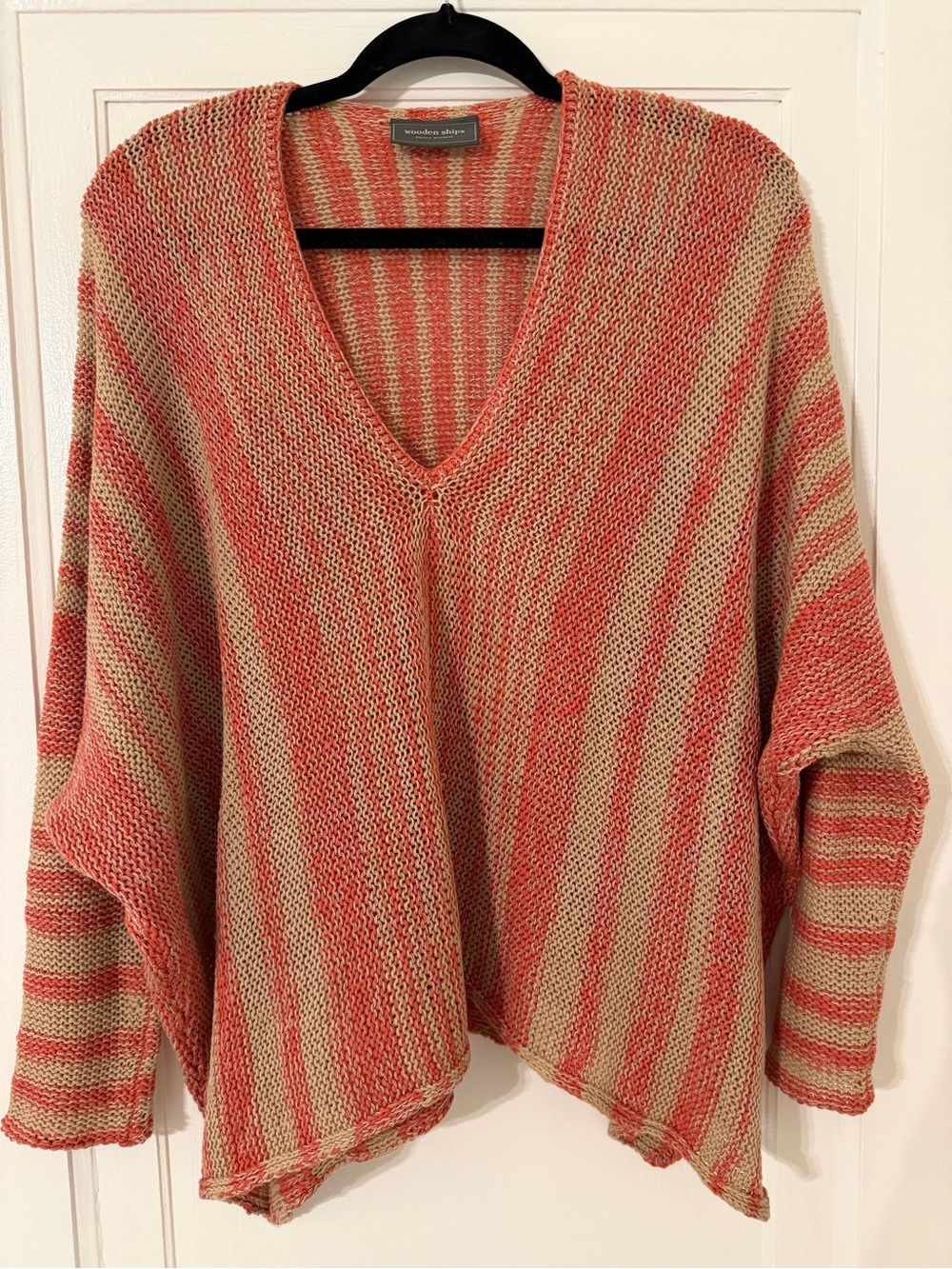 Wooden Ships Coral and Cream Striped V-Neck Sweater